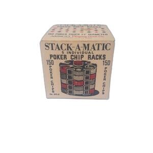 Vintage Arrco Stack-A-Matic Poker Chip Racks with 150 Chips SPC-5 Brown Case